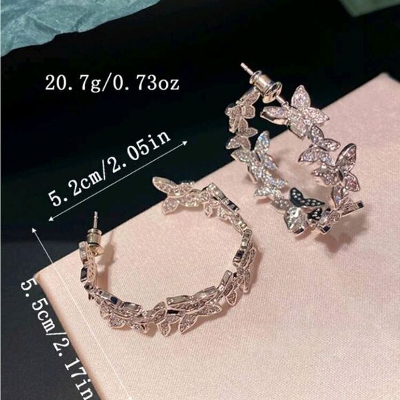 Silver Diamond Butterfly Hoop Earrings - Picture 5 of 9